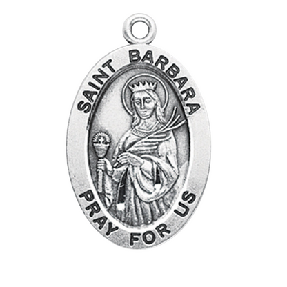 Saint Barbara Sterling Silver Oval Medal Necklace — 24" Chain, Gift Box