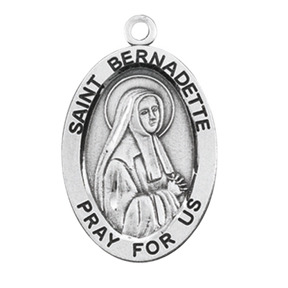 Saint Bernadette Sterling Silver Oval Medal Necklace — 24" Chain, Gift Box