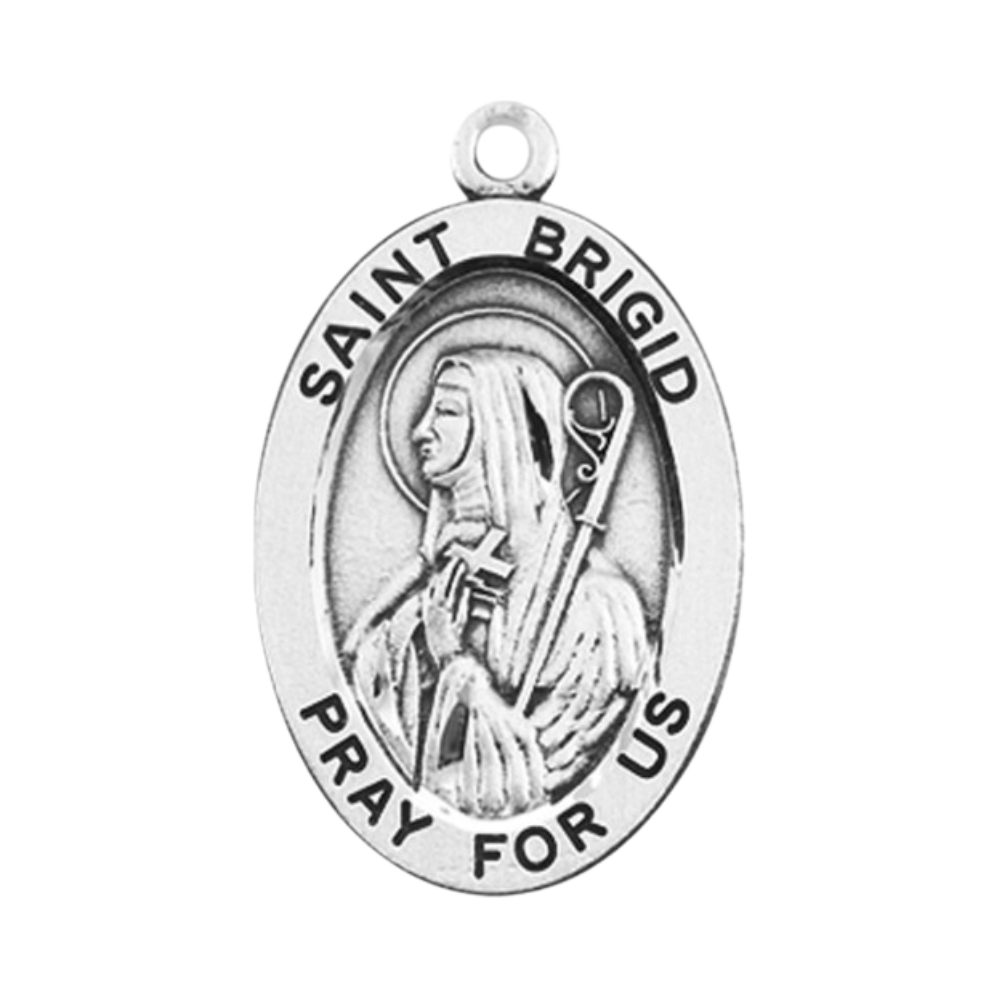 Saint Brigid Sterling Silver Oval Medal Necklace — 24" Chain, Made in USA, Gift Box