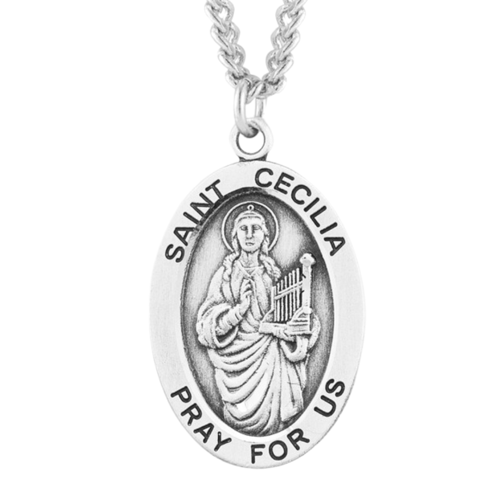 Patron Saint Cecilia Oval Sterling Silver Medal, Catholic Gift, Made in USA