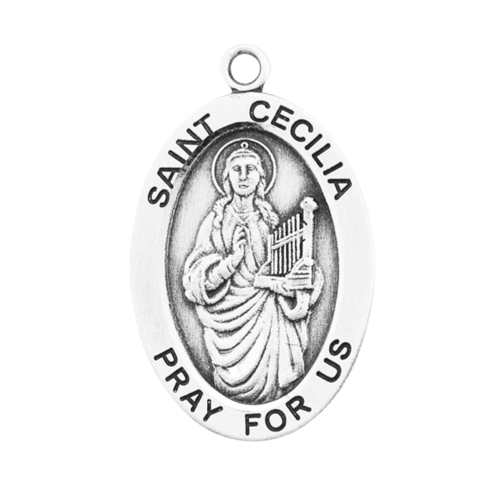 Saint Cecilia Sterling Silver Medal Pendant — 24" Chain, Gift Box Included