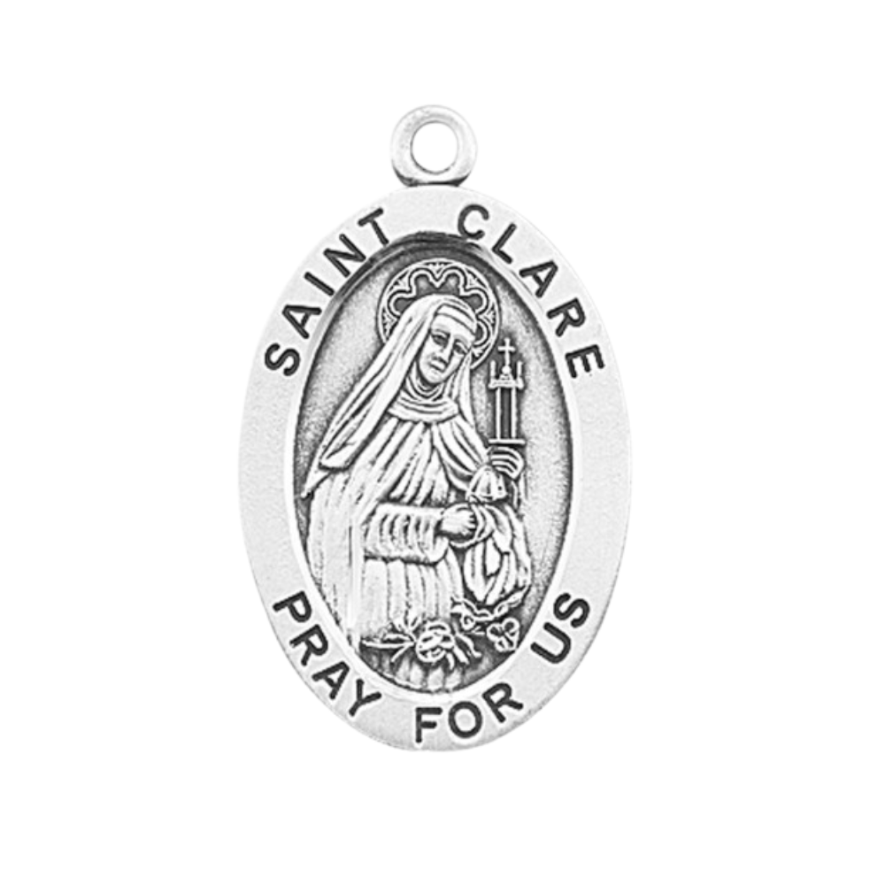 Saint Clare Sterling Silver Oval Medal Necklace — 24 Inch Chain, Gift Box