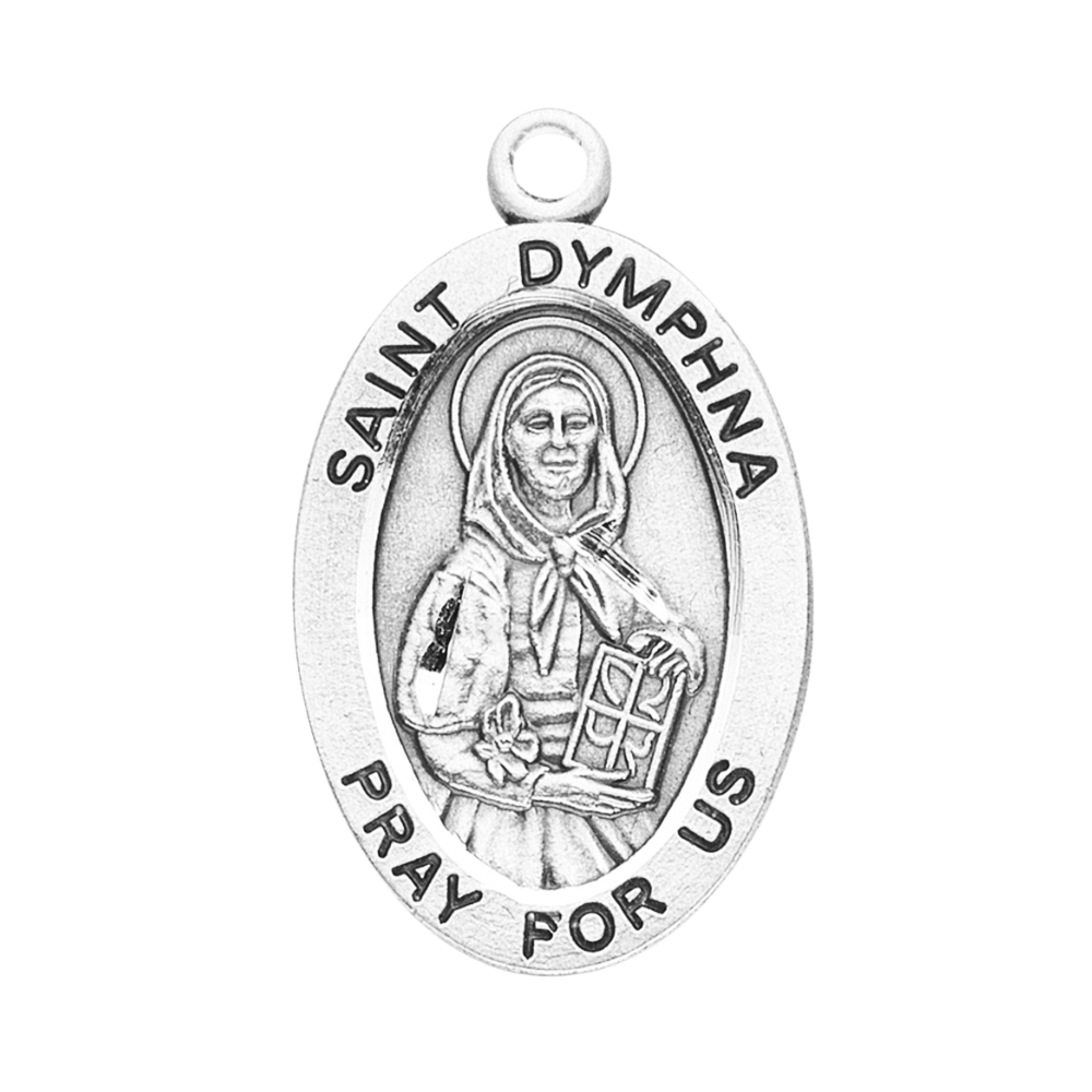 St. Dymphna Sterling Silver Oval Medal Pendant — 24" Curb Chain, Gift Box