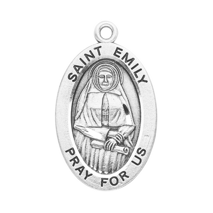 Saint Emily Sterling Silver Oval Medal Necklace — 24 Inch Chain, Made in USA