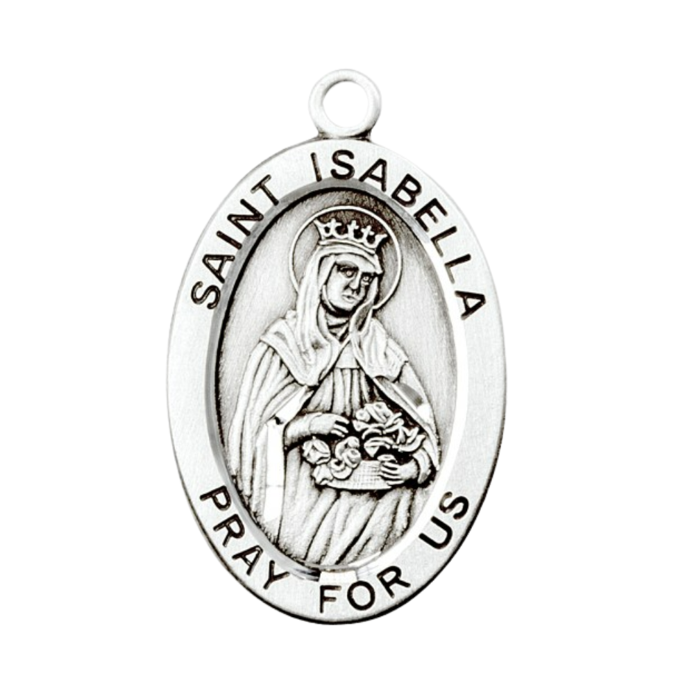 Saint Isabella Sterling Silver Oval Medal Necklace — 24" Chain, Made in USA