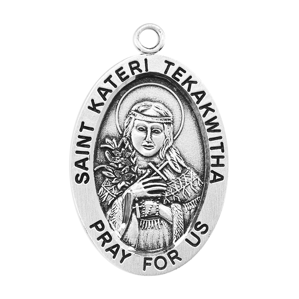 Saint Kateri Tekakwitha Sterling Silver Oval Medal Necklace — 24" Chain, Gift Box