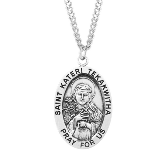 Patron Saint Kateri Tekakwitha Oval Sterling Silver Medal, Catholic Gift, Made in USA