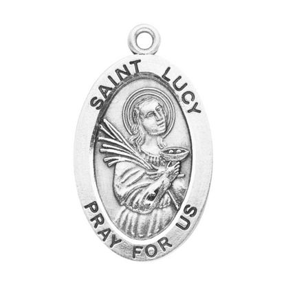 Saint Lucy Sterling Silver Oval Medal Necklace — 24" Chain, Gift Box Included