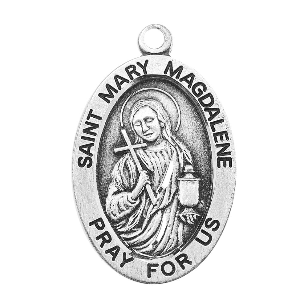 Saint Mary Magdalene Sterling Silver Oval Medal Pendant — 24" Chain, Gift Box