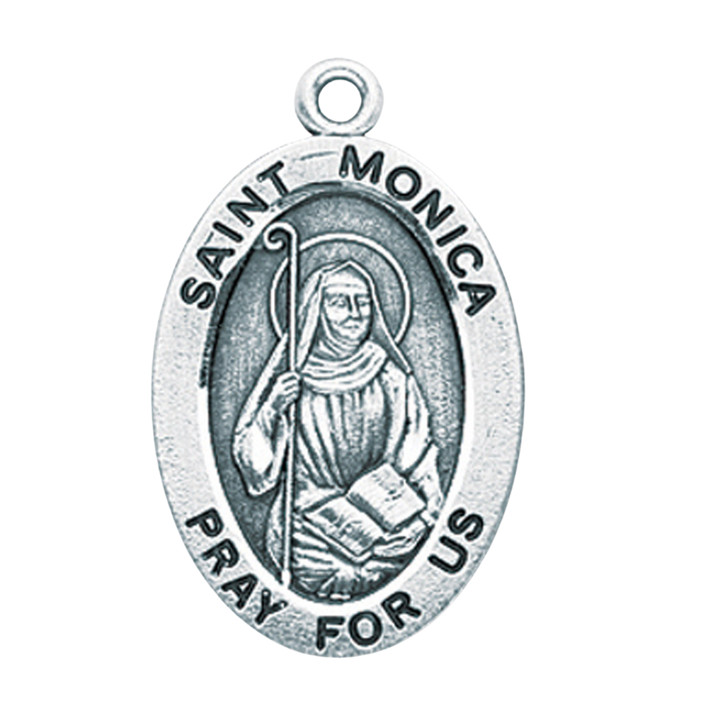Saint Monica Sterling Silver Oval Medal Pendant — 24" Curb Chain, Made in USA