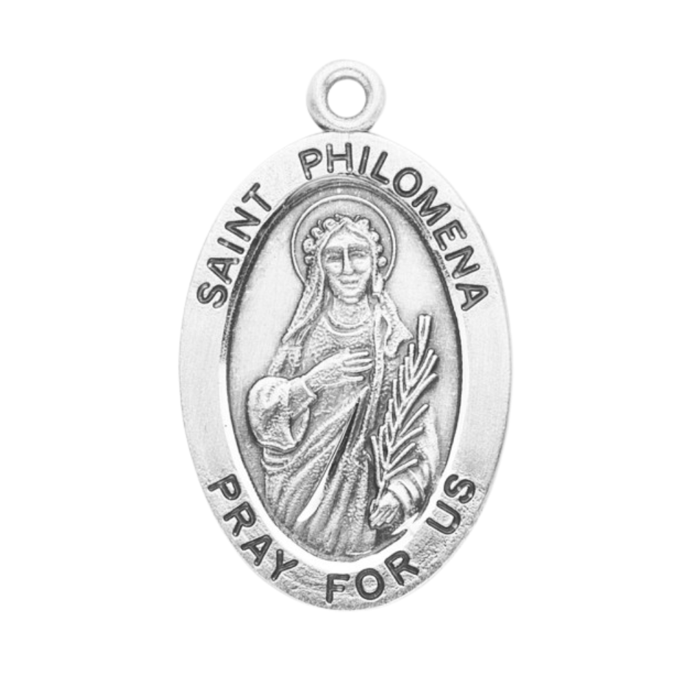 Saint Philomena Sterling Silver Oval Medal Necklace — 24" Chain, Gift Box
