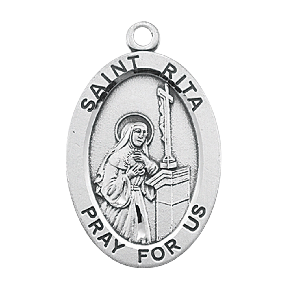 Saint Rita Oval Sterling Silver Medal Pendant — 24" Chain, Gift Box Included