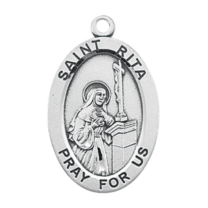 Saint Rita Oval Sterling Silver Medal Pendant — 24" Chain, Gift Box Included