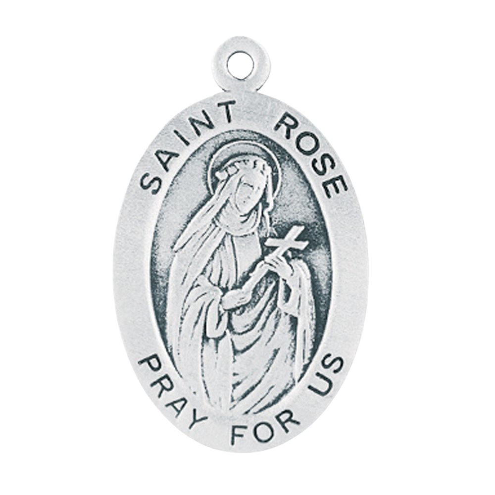 Saint Rose Sterling Silver Oval Medal Necklace — 24 Inch Chain, Gift Box