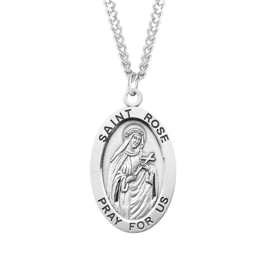 Patron Saint Rose Oval Sterling Silver Medal, Catholic Gift, Made in USA