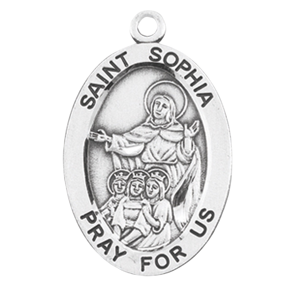 Saint Sophia Sterling Silver Oval Medal — 24" Chain, Made in USA, Gift Box