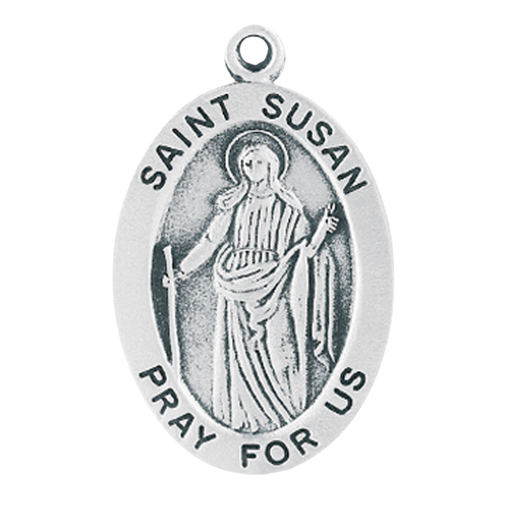 Saint Susan Sterling Silver Oval Medal — 24 Inch Chain, Made in USA, Gift Box