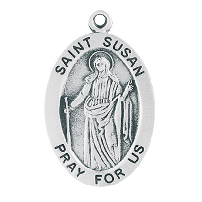 Saint Susan Sterling Silver Oval Medal — 24 Inch Chain, Made in USA, Gift Box
