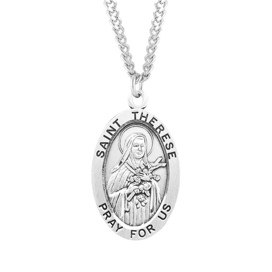 Patron Saint Therese of Lisieux Oval Sterling Silver Medal, Catholic Gift, Made in USA
