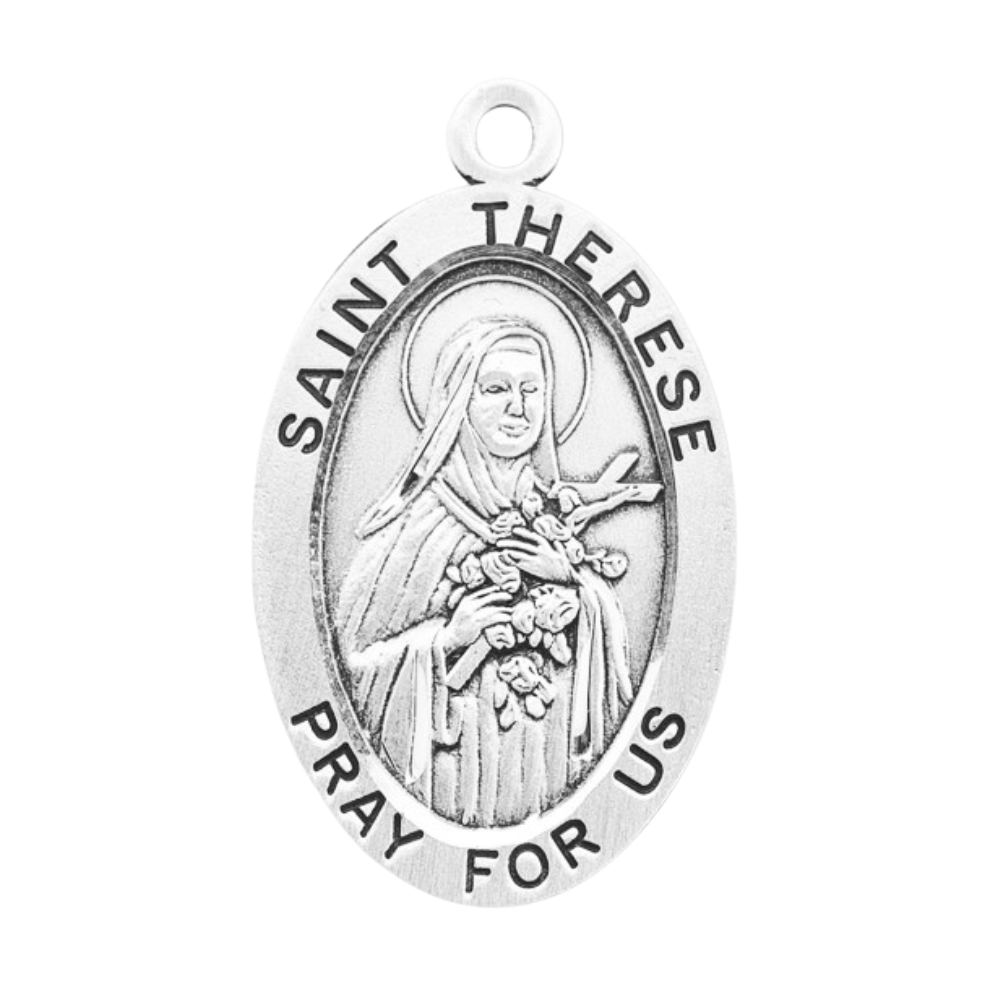 Saint Therese of Lisieux Sterling Silver Oval Medal Pendant — 24" Chain, Gift Box