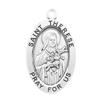 Saint Therese of Lisieux Sterling Silver Oval Medal Pendant — 24" Chain, Gift Box