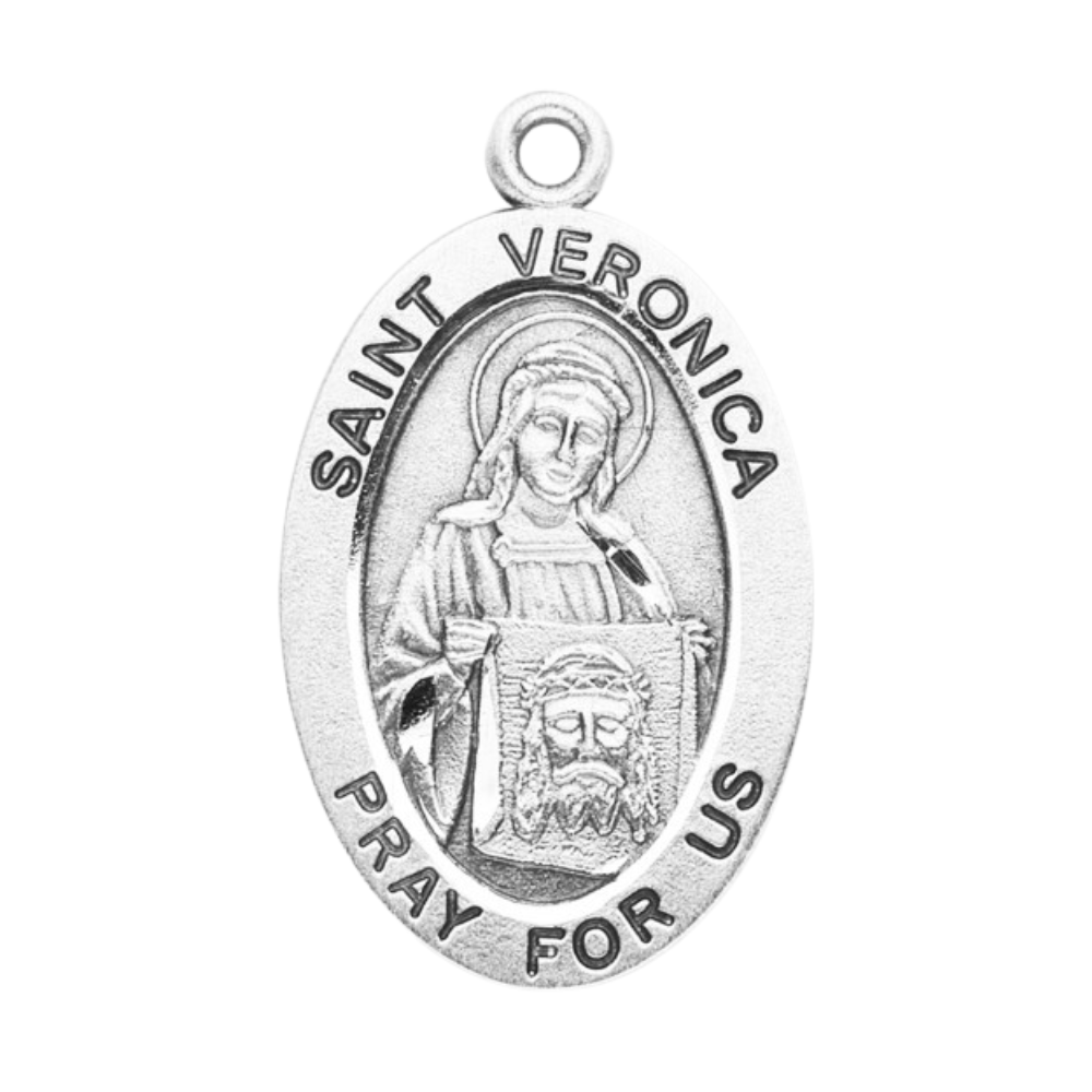 Saint Veronica Sterling Silver Oval Medal Necklace — 24" Chain, Gift Box