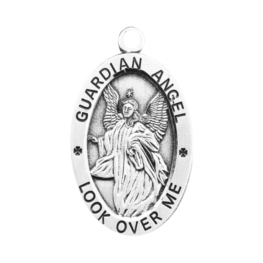 Guardian Angel Sterling Silver Oval Medal — 24" Chain, Made in USA, Gift Box