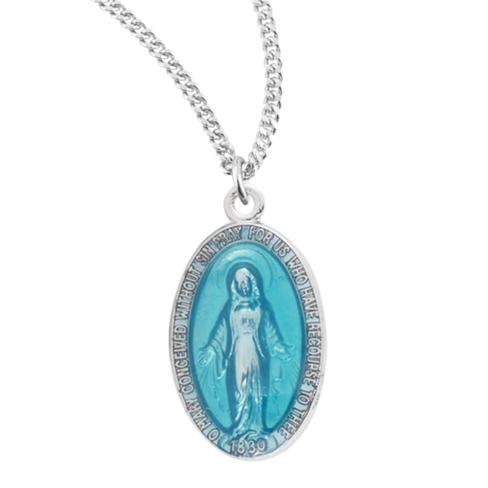 Sterling Silver Oval Blue Enameled Miraculous Medal, Catholic Gift, Made in USA
