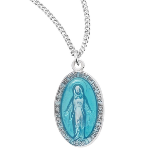 Sterling Silver Oval Blue Enameled Miraculous Medal, Catholic Gift, Made in USA