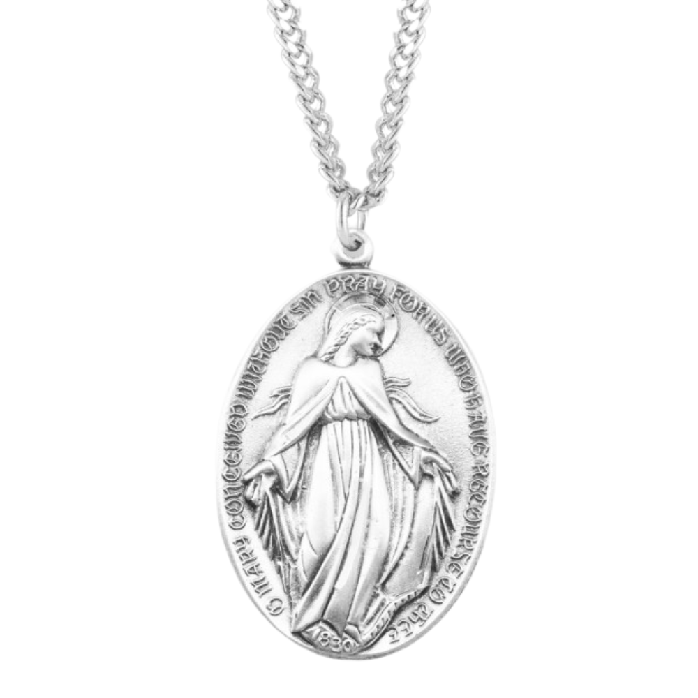 Sterling Silver Profile "Art Deco" Style Miraculous Medal, Catholic Gift, Made in USA