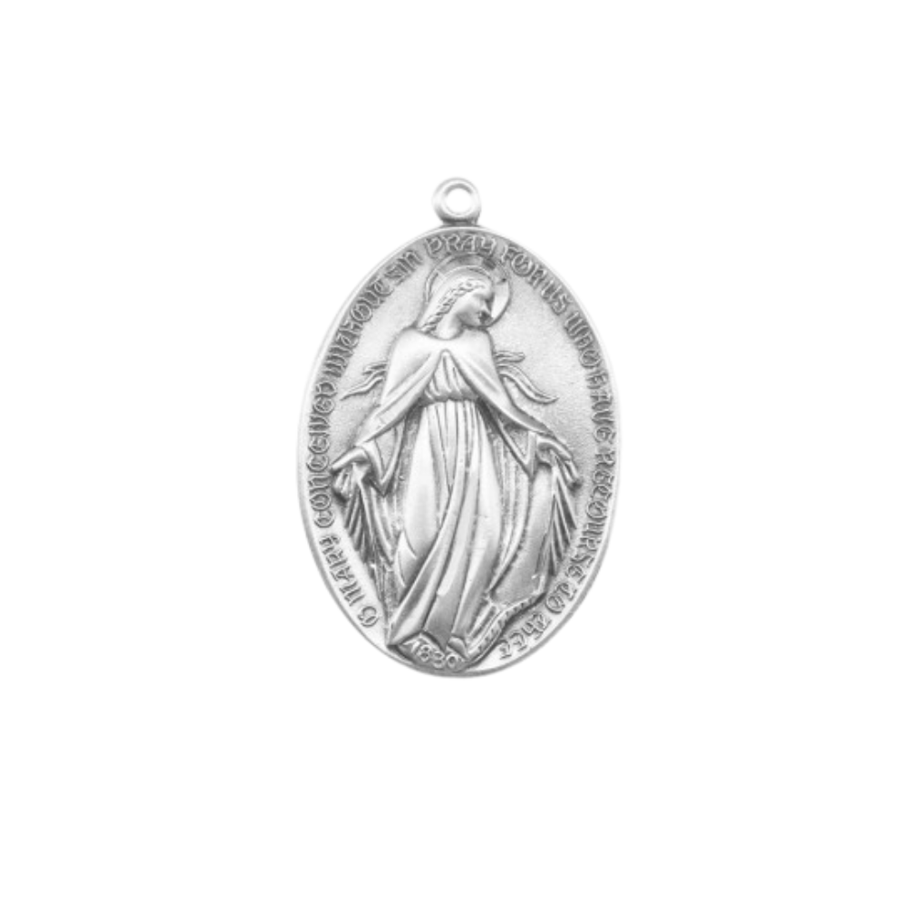 Miraculous Medal Art Deco Sterling Silver Pendant — 27" Chain, Made in USA