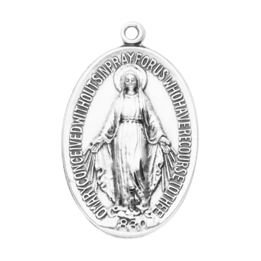 Miraculous Medal Sterling Silver Oval Pendant — 24" Chain, Made in USA, Gift Box