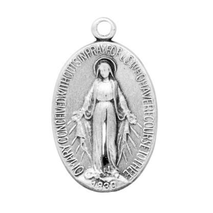 Miraculous Medal Sterling Silver Oval Pendant — 18" Chain, Gift Box Included