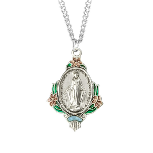 Sterling Silver Miraculous Medal with Pink Epoxy Flowers, Catholic Gift, Made in USA