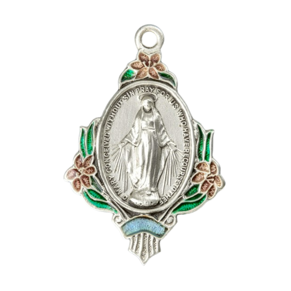 Miraculous Medal Pink Flower Sterling Silver Pendant — 24" Chain, Gift Box