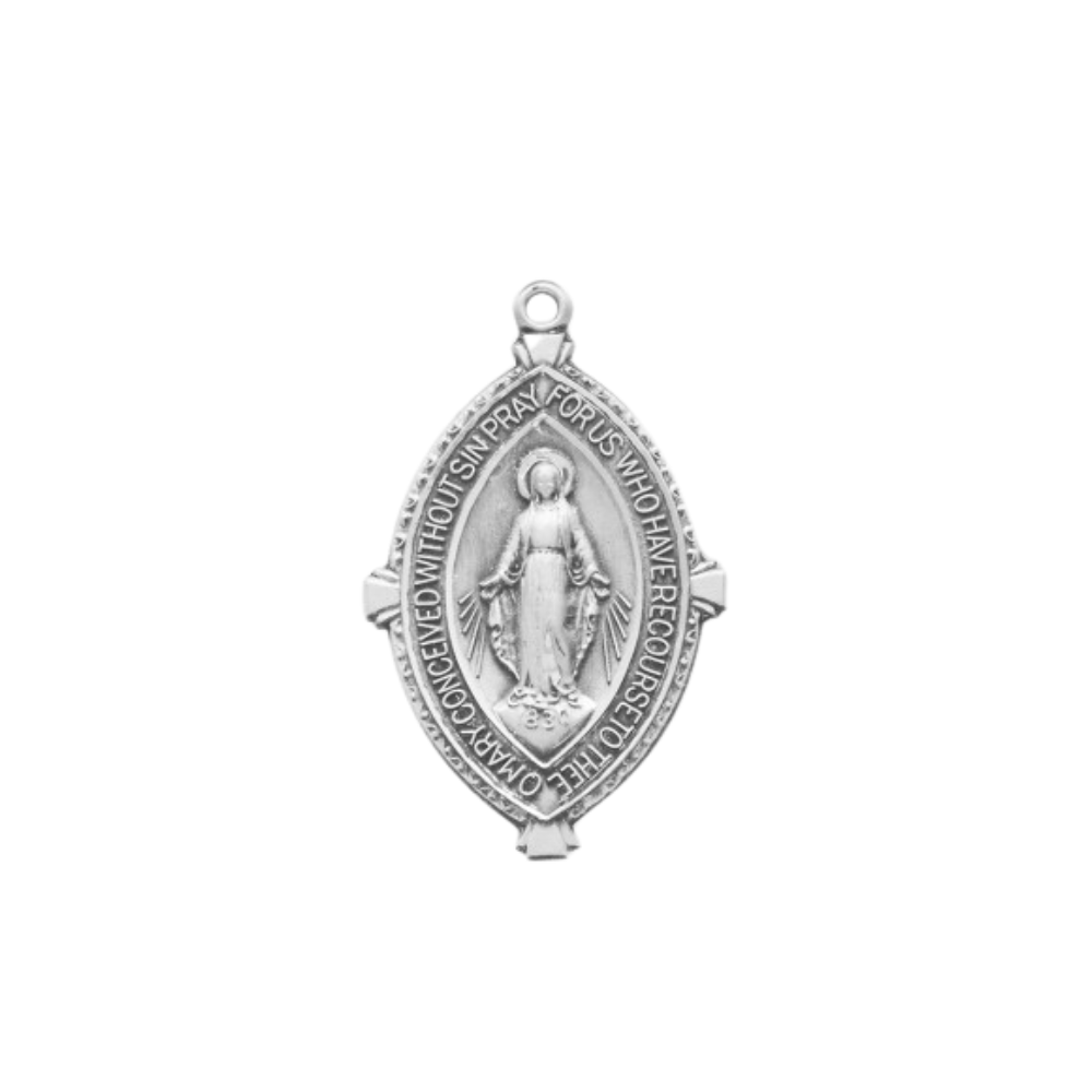 Miraculous Medal Sterling Silver Double Pointed Oval Pendant - 24 Inch Chain