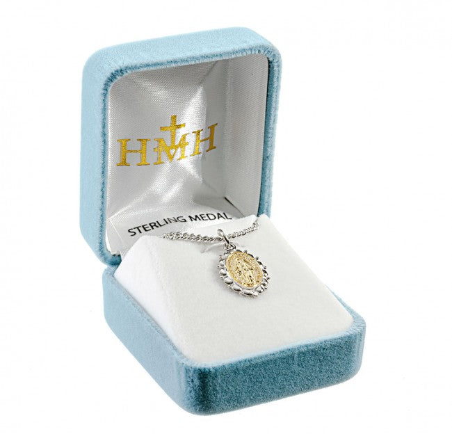 Miraculous Medal Sterling Silver Oval Pendant Necklace — 18" Chain, Gift Box
