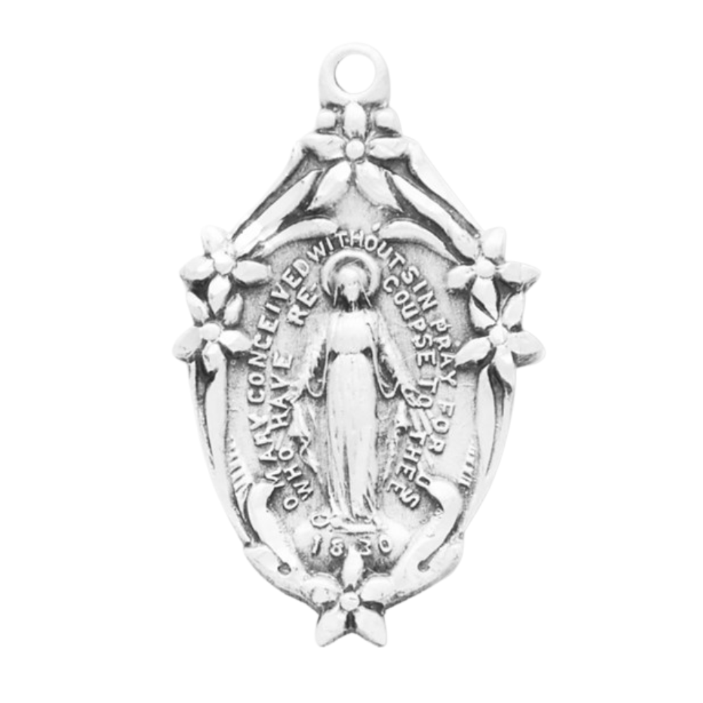 Miraculous Medal Sterling Silver Ornate Pendant — 18" Chain, Gift Box