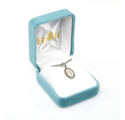 Miraculous Medal Sterling Silver Oval Pendant — 18" Chain, Gift Box
