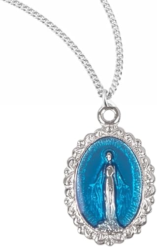 Sterling Silver Oval Blue Enameled Miraculous Medal, Catholic Gift, Made in USA