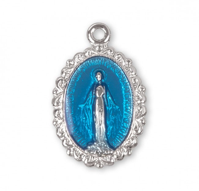 Miraculous Medal Blue Enameled Sterling Silver Pendant — 18" Chain, Gift Box