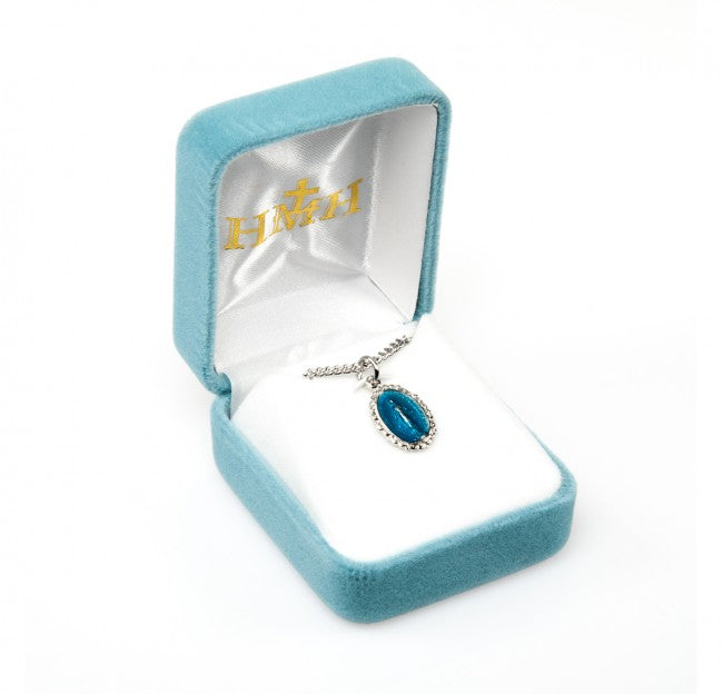 Miraculous Medal Blue Enameled Sterling Silver Pendant — 18" Chain, Gift Box