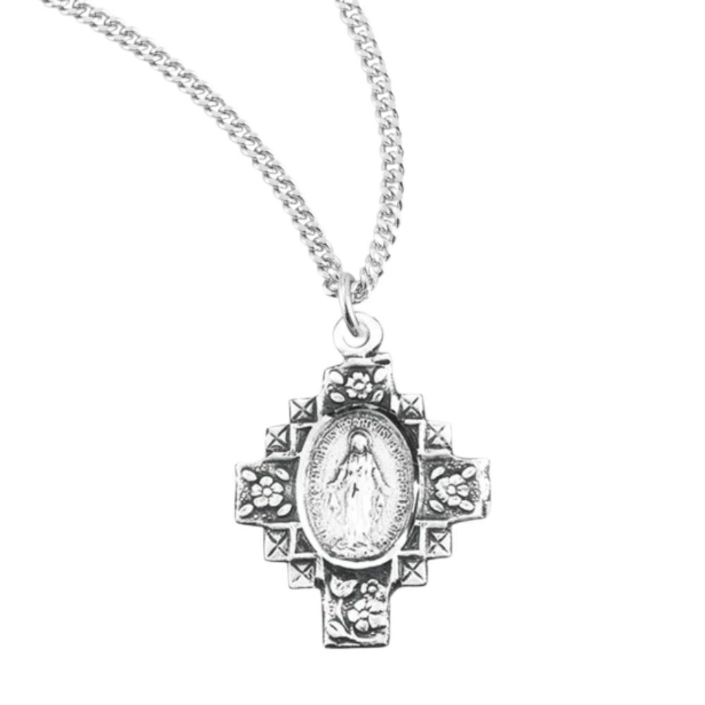 Sterling Silver Flowered Cross Miraculous Medal, Catholic Gift, Made in USA