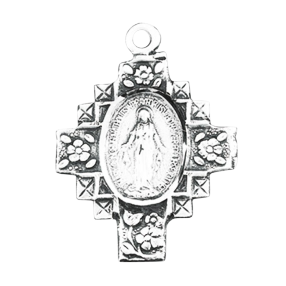 Miraculous Medal Flowered Cross Sterling Silver Pendant — 18" Chain, Gift Box