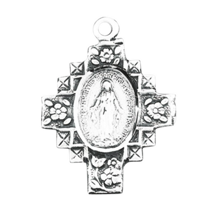 Miraculous Medal Flowered Cross Sterling Silver Pendant — 18" Chain, Gift Box