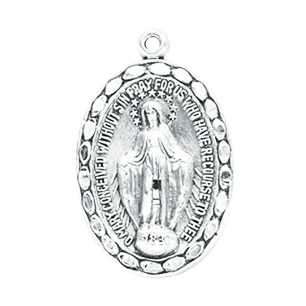 Miraculous Medal Sterling Silver Oval Pendant — 18" Chain, Made in USA, Gift Box