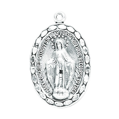 Miraculous Medal Sterling Silver Oval Pendant — 18" Chain, Made in USA, Gift Box