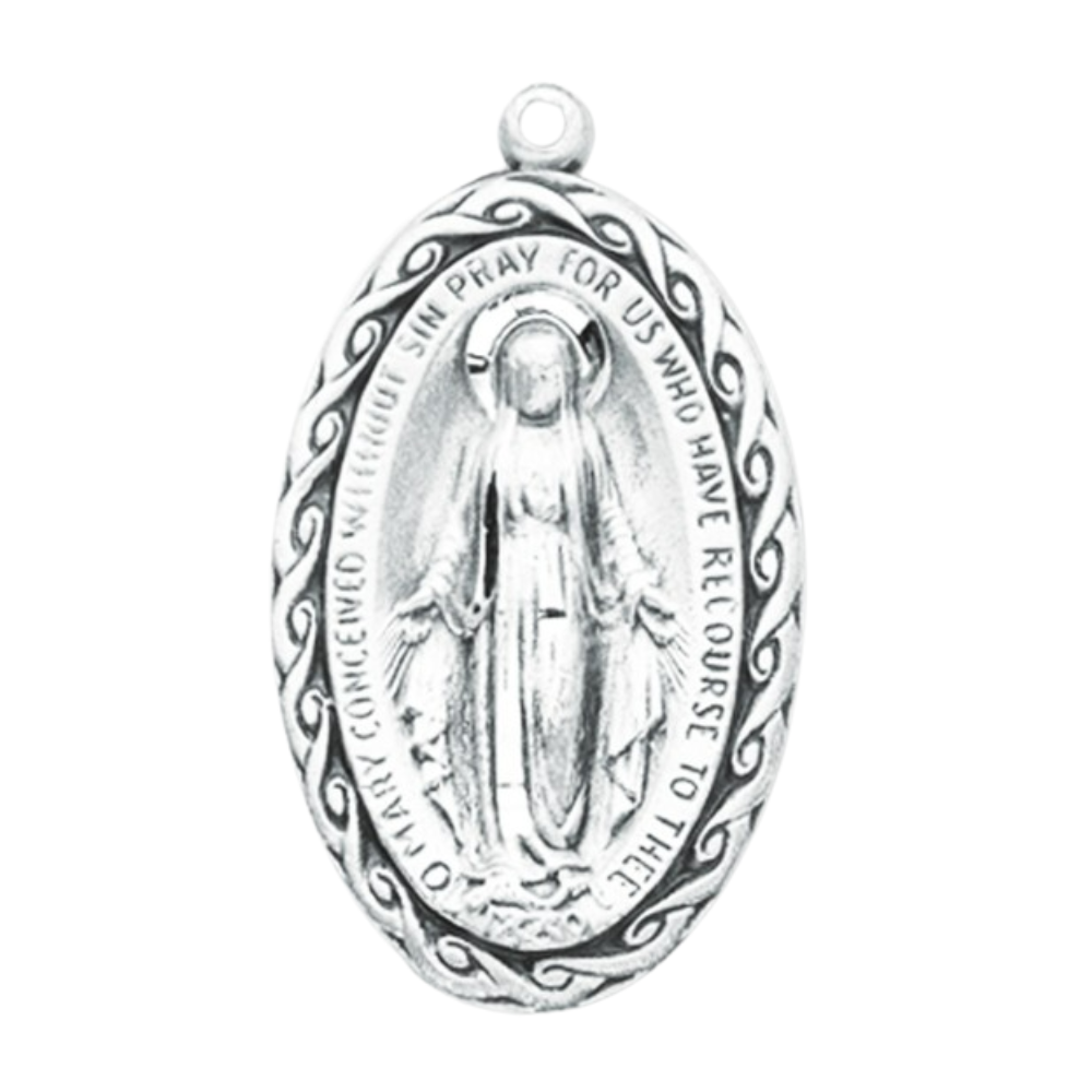 Miraculous Medal Sterling Silver Oval Pendant Necklace — 18" Chain, Gift Box