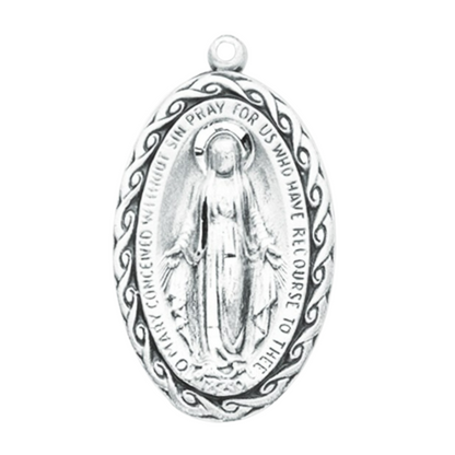 Miraculous Medal Sterling Silver Oval Pendant Necklace — 18" Chain, Gift Box