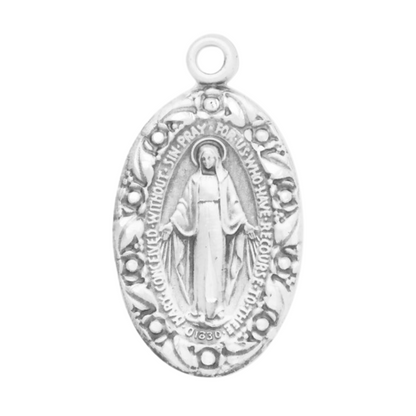 Miraculous Medal Sterling Silver Oval Pendant — 18" Chain, Gift Box Included